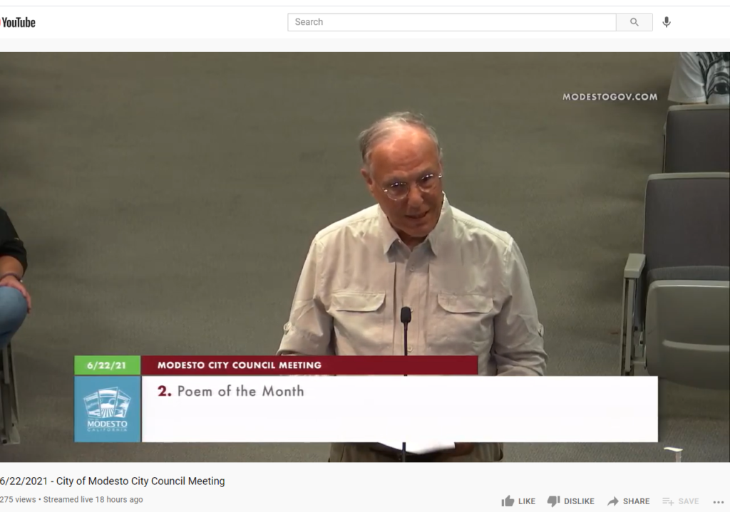 Screen shot of Poet Laureate Salvatore Salerno reading his poem at Modesto City Council Meeting, 6/22/21