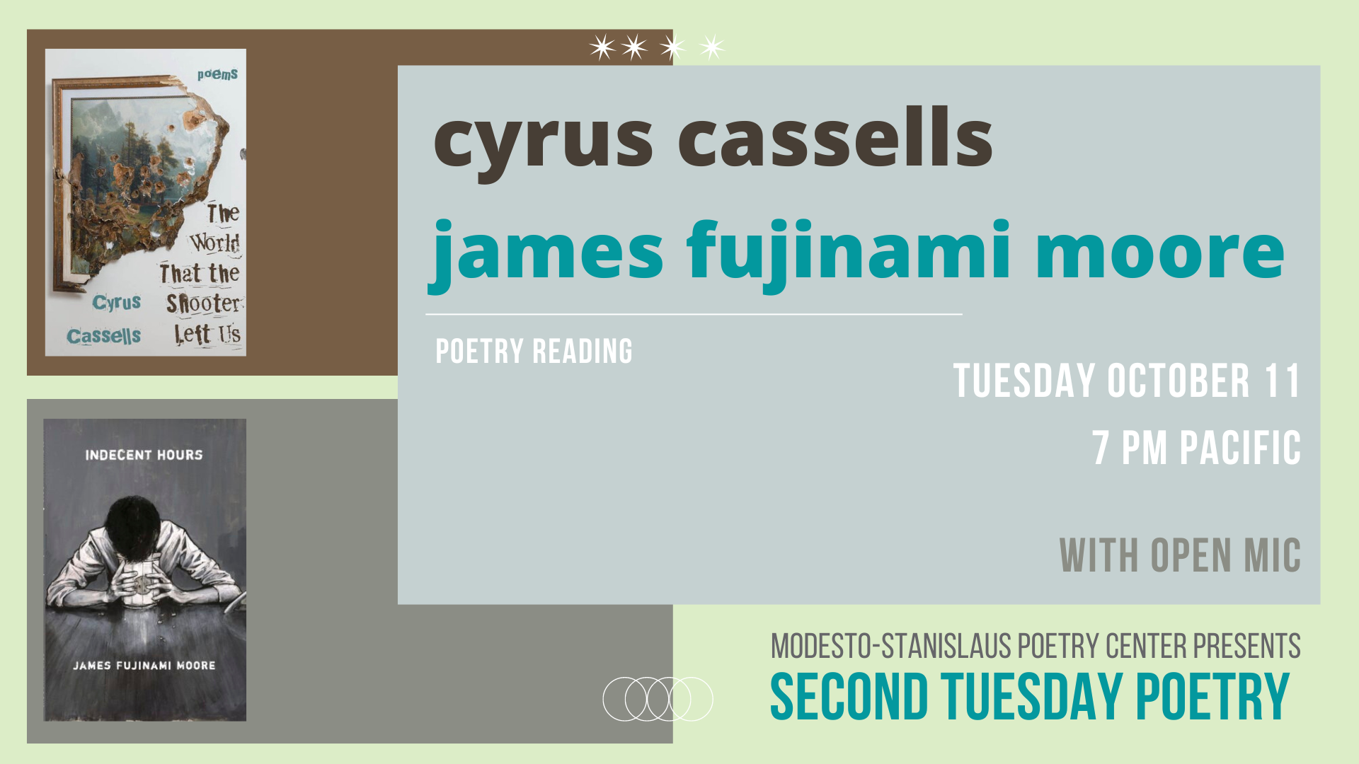 Oct 11 2022 Second Tues Poetry 7 pm with Cyrus Cassells and James Fujinami Moore