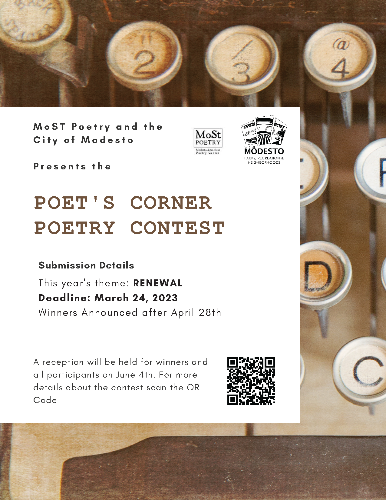 City of Modesto and the Poet's Corner Committee present the annual Poet's Corner Contest. Deadline is Friday, March 24 at 11:59 pm.