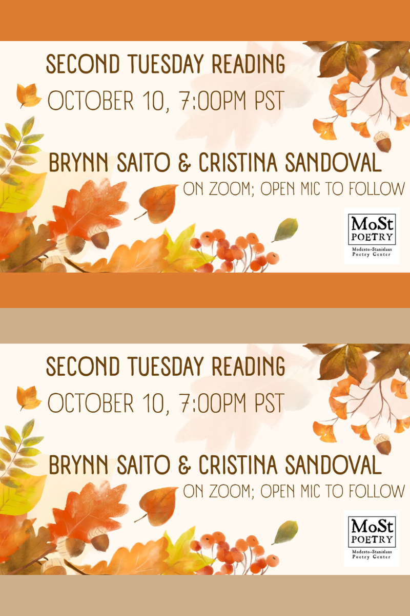 Second Tuesday with Brynn Saito and Cristina Sandoval, October 10, 2023 at 7 pm on Zoom.
