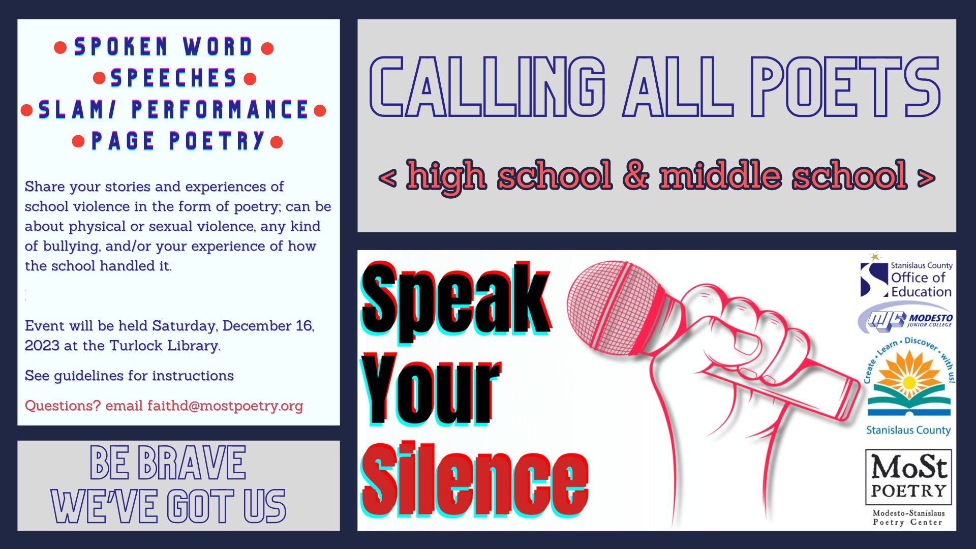 Calling All Poets, middle and high schoolers for the Speak Your Silence event on Dec. 16 at the Turlock Library.