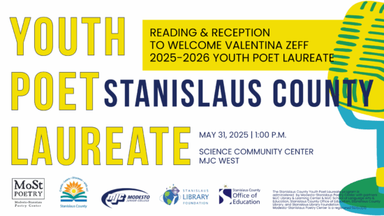 Youth Poet Laureate Stanislaus County add Youth Poet Laureate in yellow letters with colorful microphone image