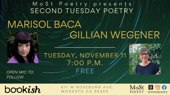 November 11 Second Tuesday reading with Marisol Baca and Gillian Wegener with headshots