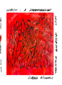 Cover image of Lithic: A Hyperballad, featuring abstract black drawing on a red field with handwritten-style lettering for the author's name and book title